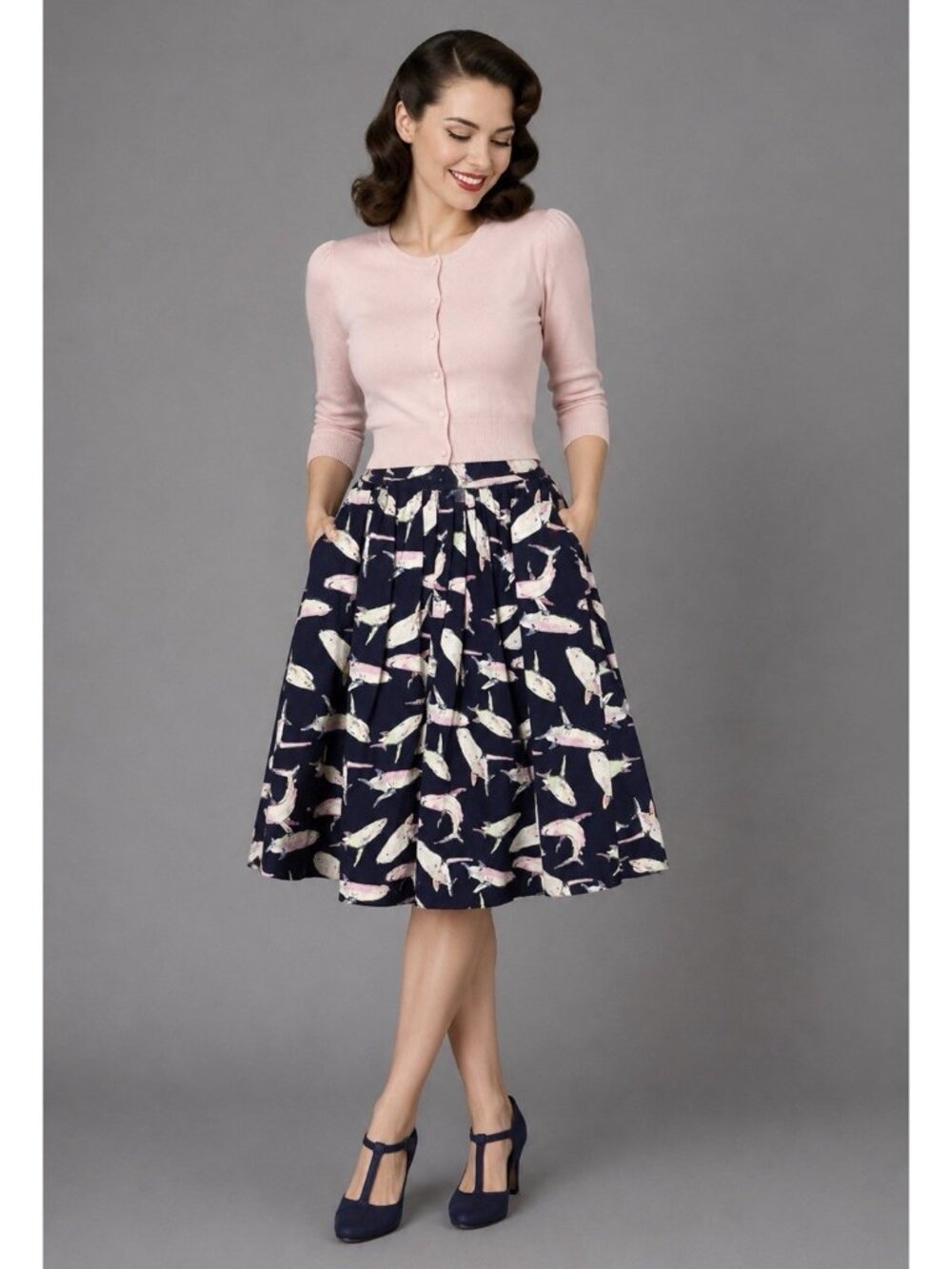 MODCLOTH Womens S Novelty Shark Print A-Line Skirt Knee Length Retro Navy Blue